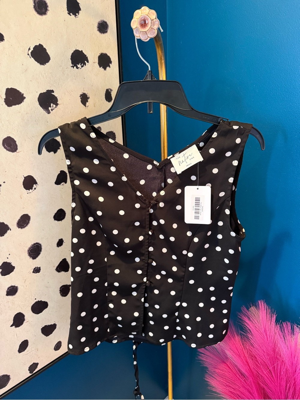 Polka Dot Sleeveless V-Neck Top - Black/White